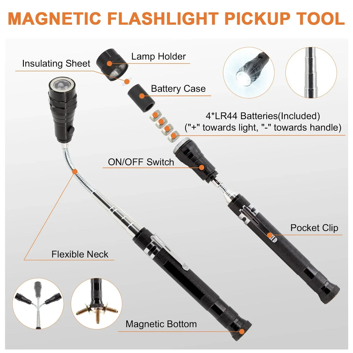 Magnetic Pickup Tool Set Inspection Mirror Telescoping Flashlight