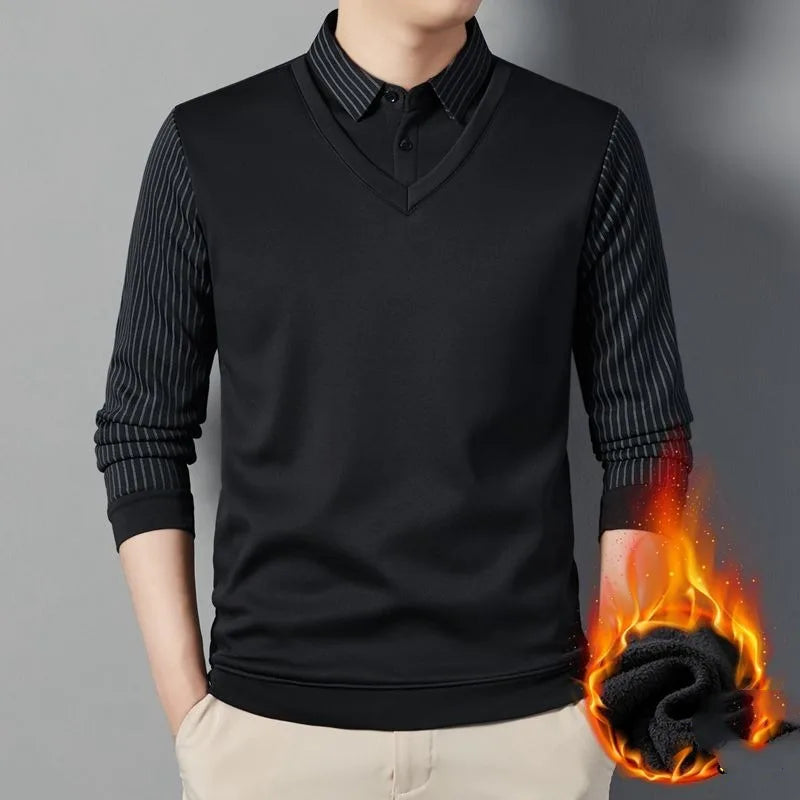 Mens Autumn Winter Pullover Turndown Collar Striped Patchwork