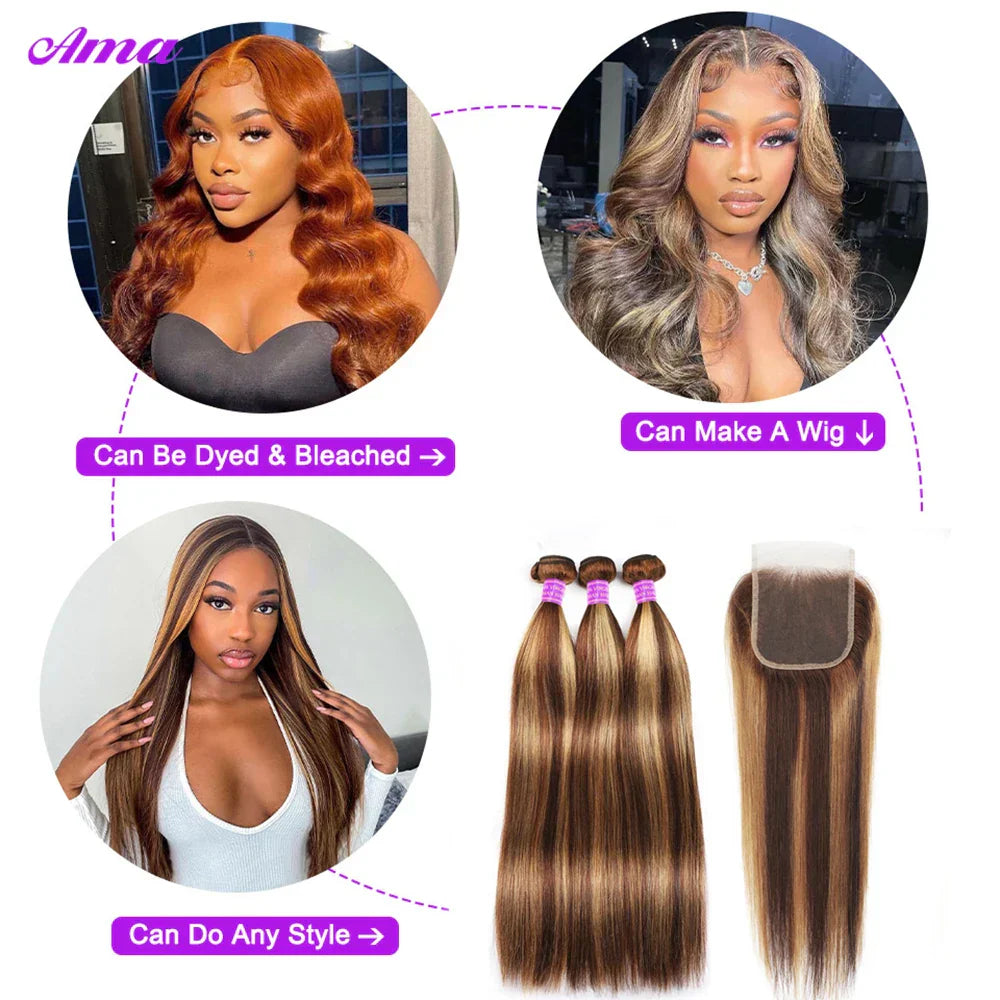 Highlight Bundles With Frontal 13x4 4x4 Inch Straight
