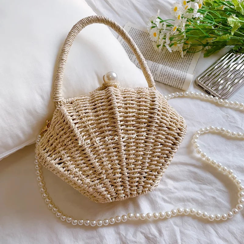Shell rattan straw woven diagonal cross small bag,
