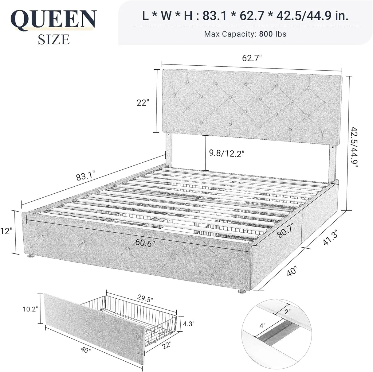Allewie-Upholstered Queen Size Platform Bed Frame, 4 Storage