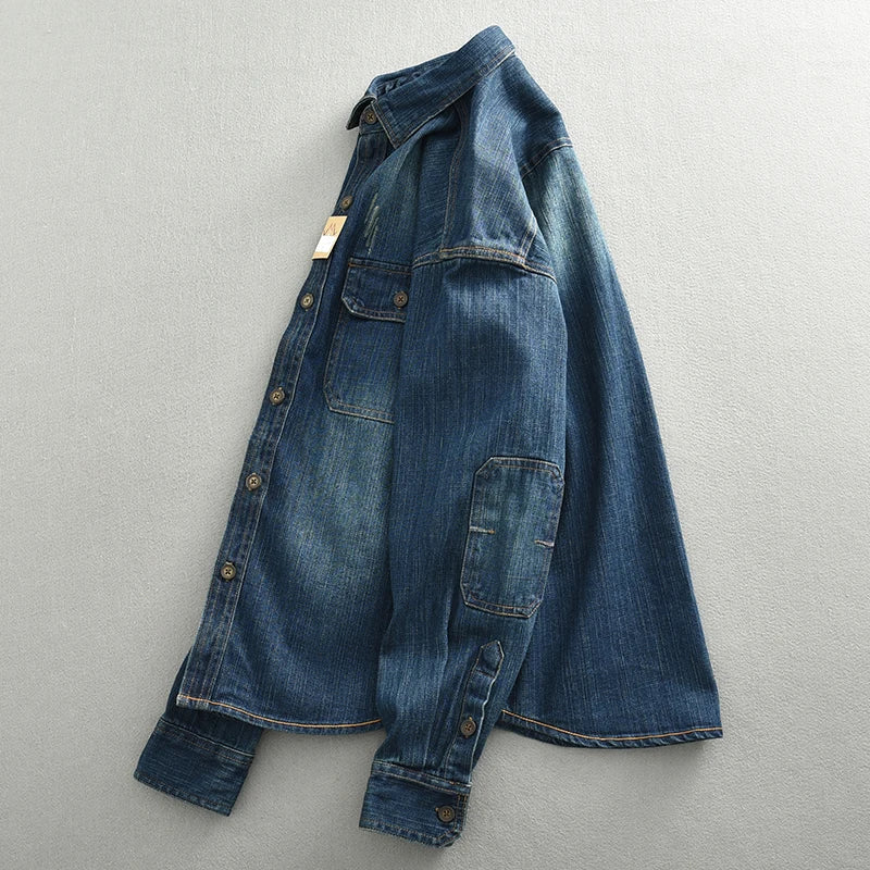 Heavyweight Washed Denim Men's Shirt Retro American Casual