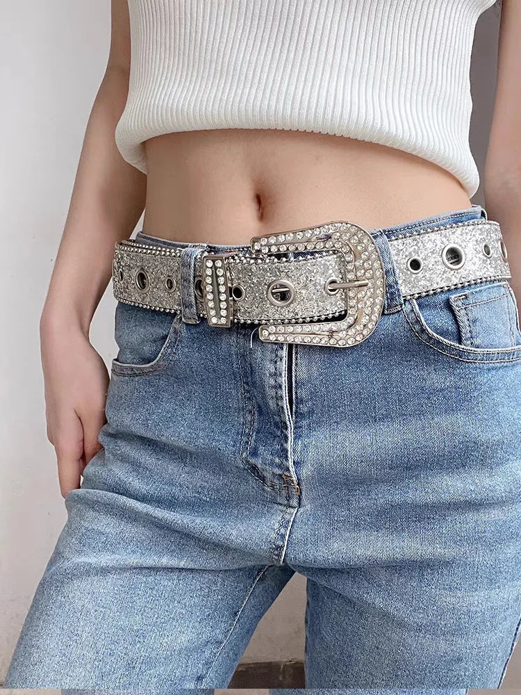 Goth for rhinestone Belts Women PU Leather Strap