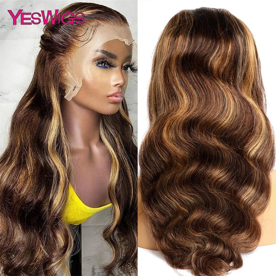 HD Highlight Wig Human Hair Brown Lace Front