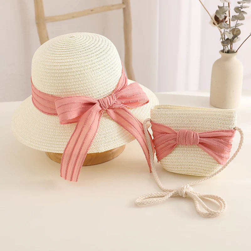 Kids Girls Straw Hat Handbag Set Wide Brim Lace Bow Sun Protection Cap Summer Beach Bucket Cap Portable Handbag панама Gorras