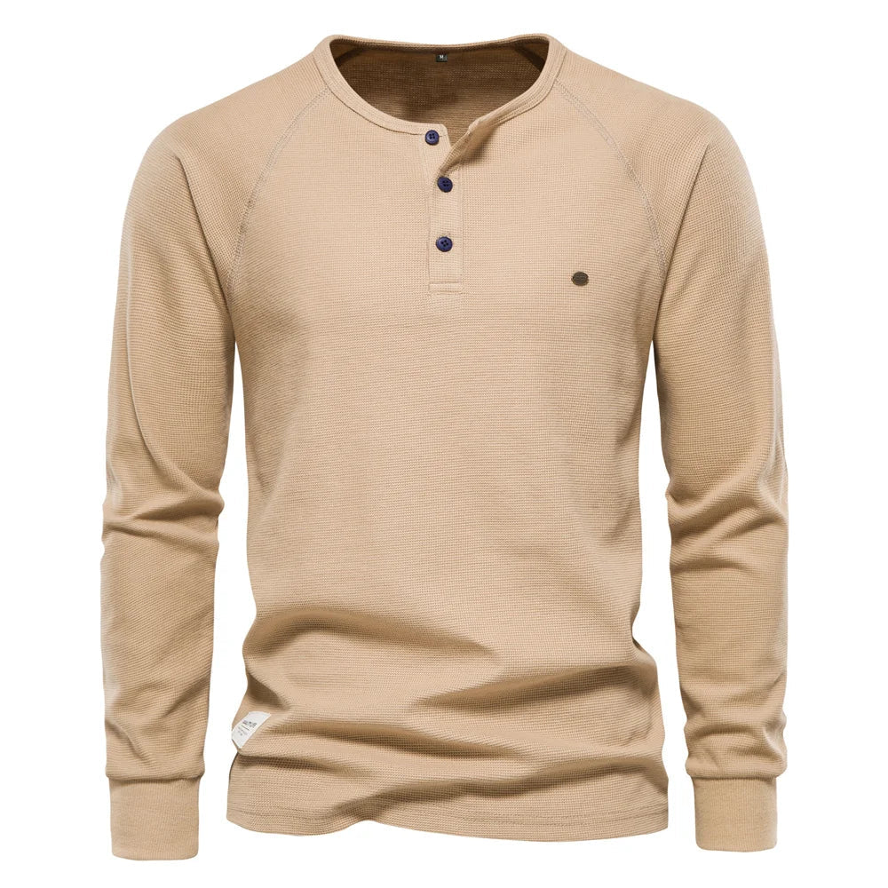 AIOPESON Waffle Henley T-Shirt Men Long Sleeve Basic