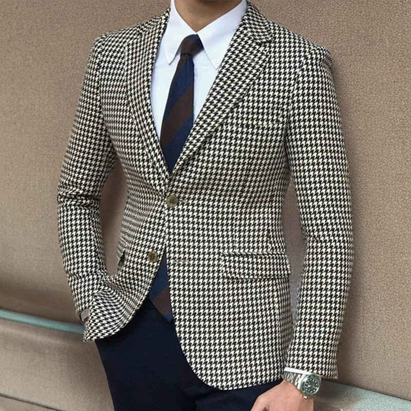 Houndstooth Plaid Blazer for Men One Piece Suit