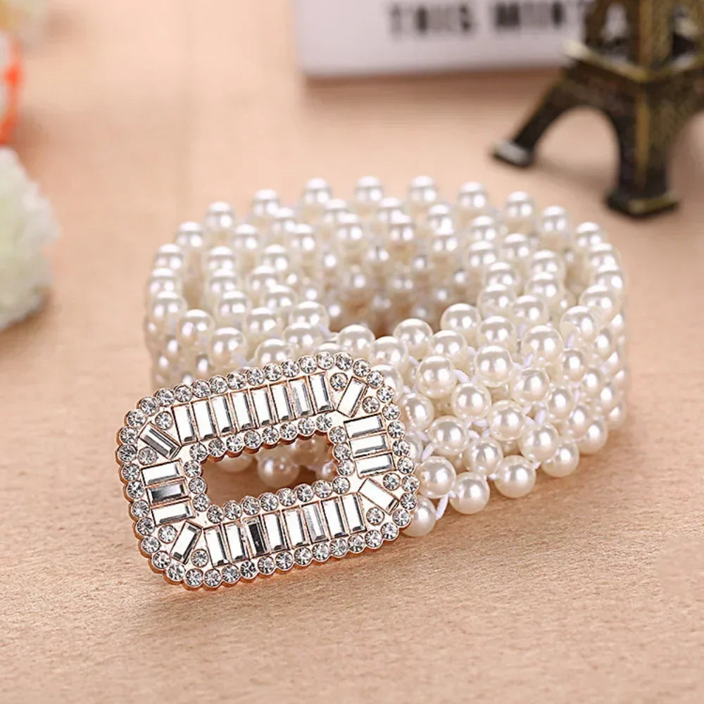Elegant Women Pearl Waist Belt Elastic Buckle Pearl