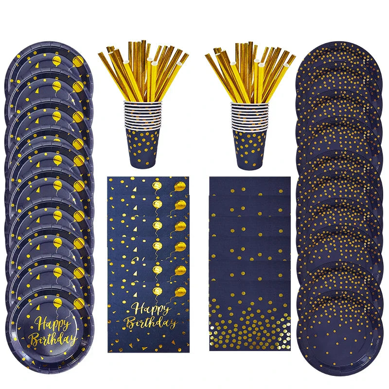 Dark Blue Gold Dot Disposable Tableware Set Paper
