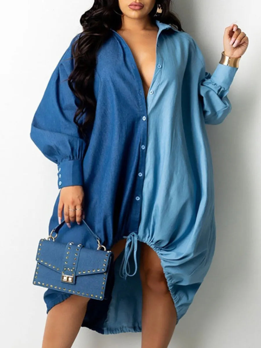 Plus Size dresses Drawstring Patchwork Shirt Dress Fashion