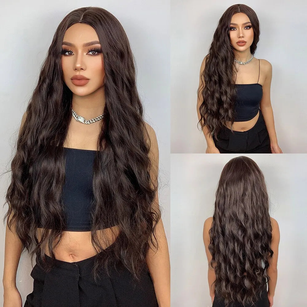 HAIRCUBE Long Brown Curly Wavy Wig for Women