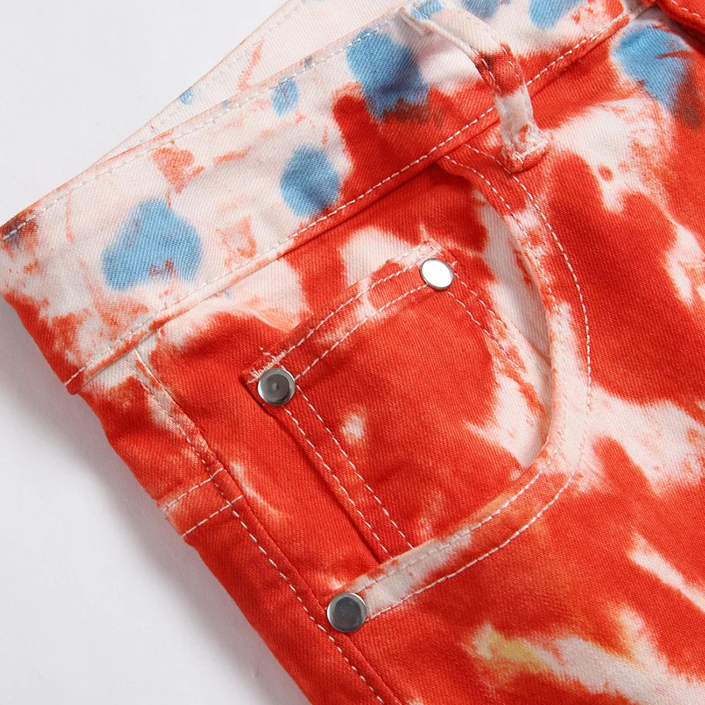 Men Tie Dye Stretch Denim Jeans Fashion Y2K