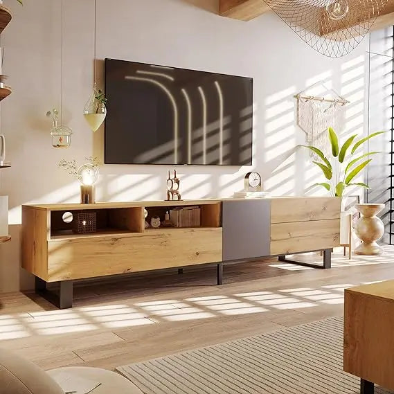 Modern TV Stand, Minimalist Wooden Entertainment Center for TVs Up To 80”, Sturdy TV Console for Living Room Bedroom Decor