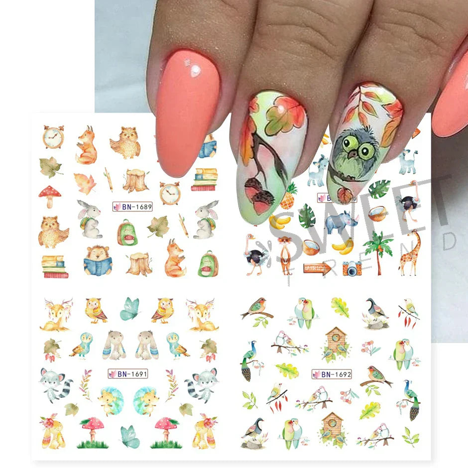 12pcs Hedgehog Animal Nail Water Stickers Pine Cones