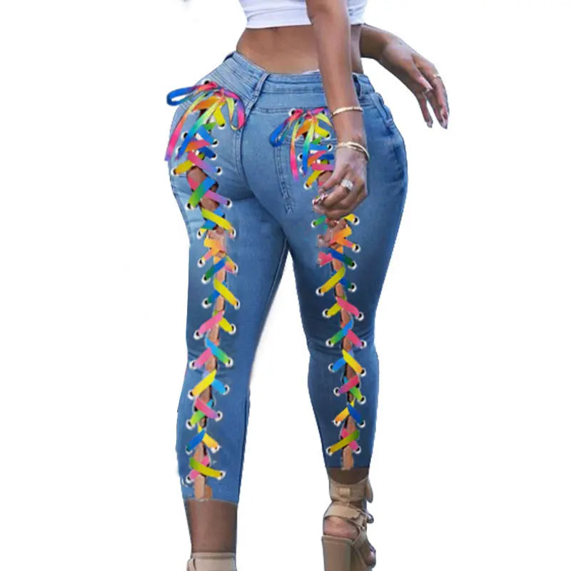 Plus Size Sexy White Blue Hollow Out Denim