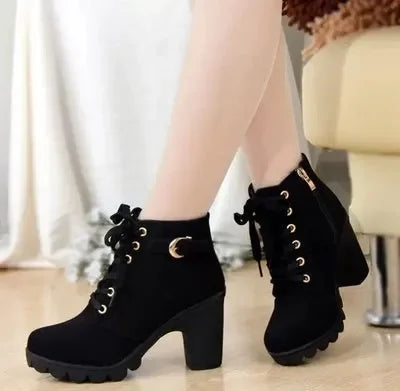 Winter High Heeled Women Boots Cross Straps Short