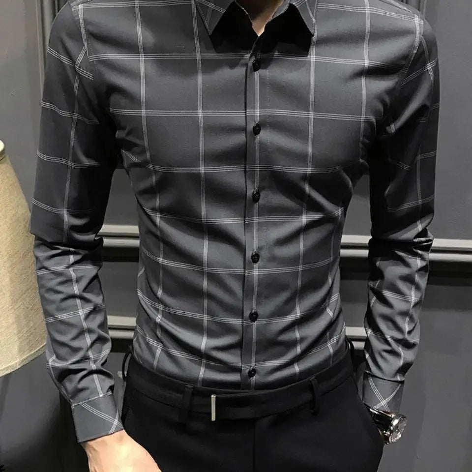 Spring Autumn Polo-neck Plaid Printed Bottoming Shirt Male