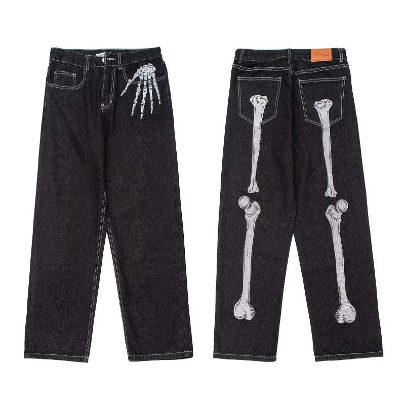 Fashion Casual Diablo Skeleton Embroidered Loose Jeans Men