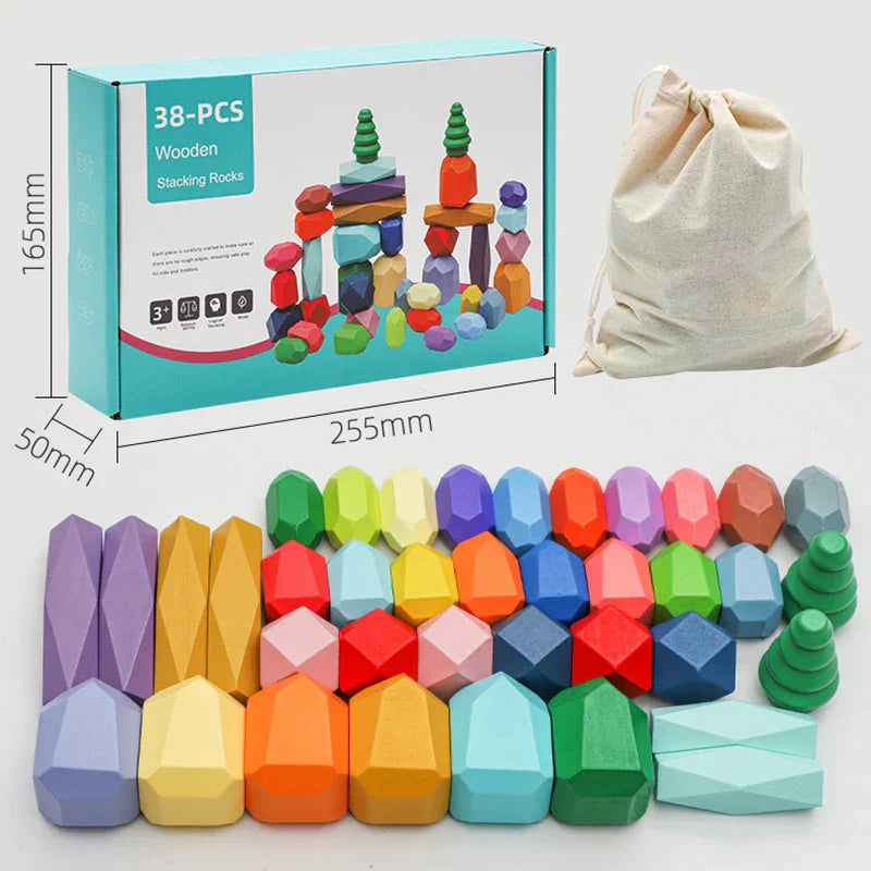 28/38pcs Wooden Rainbow Stone Building Blocks Set Balancing