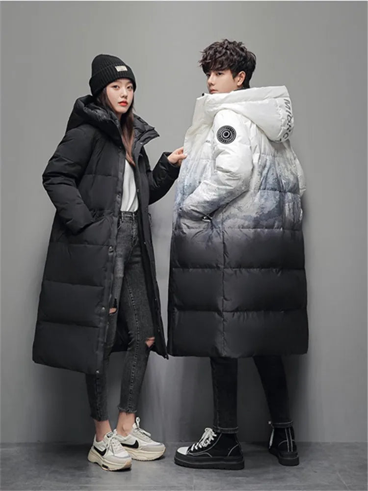 Winter X-long Cotton-padded Jacket Couple Gradient Hooded Puffer