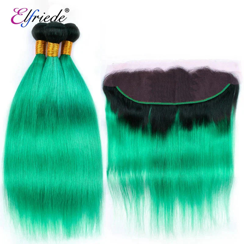 Elfriede 1BLight Green Straight Ombre Colored Hair Bundles