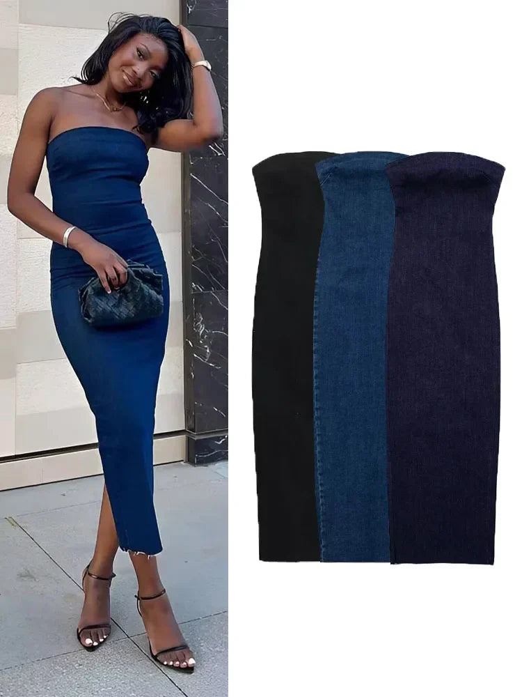TRAF Off Shoulder Denim Dress Woman Blue Corset