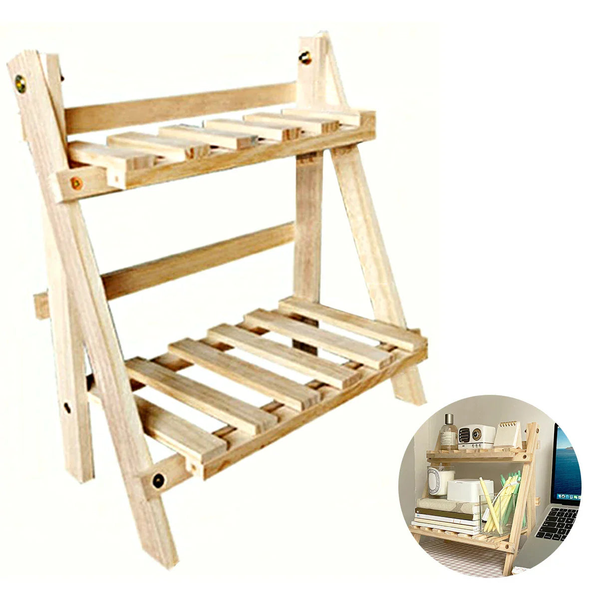 Double Layer Wooden Outdoor Plant Rack Indoor Easy