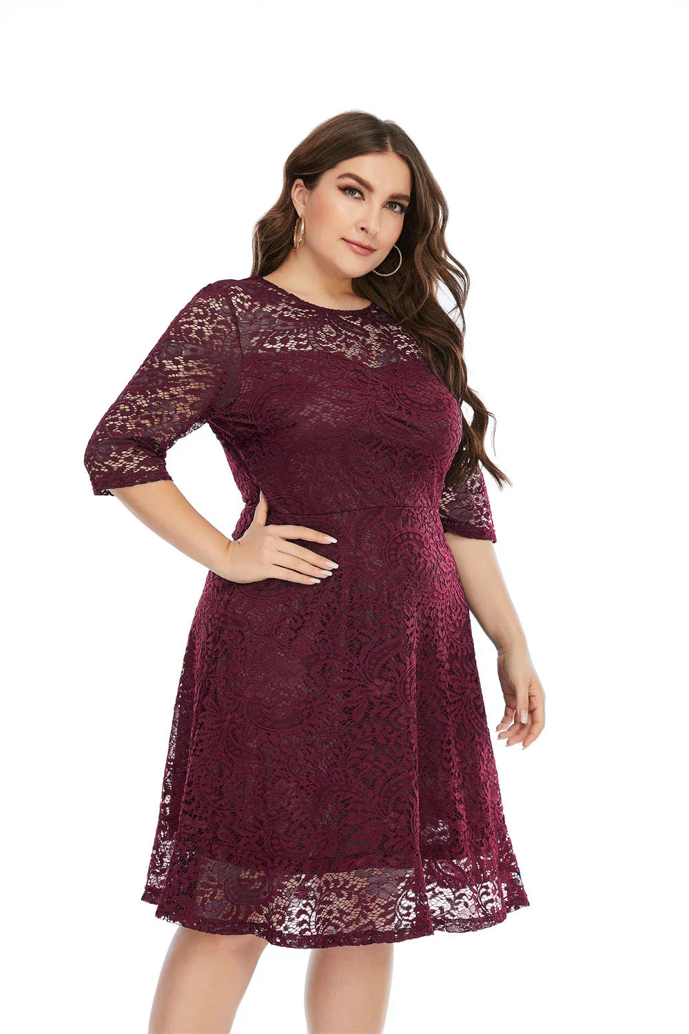Plus Size Contrast Lace Semi Sheer 3/4 Sleeve