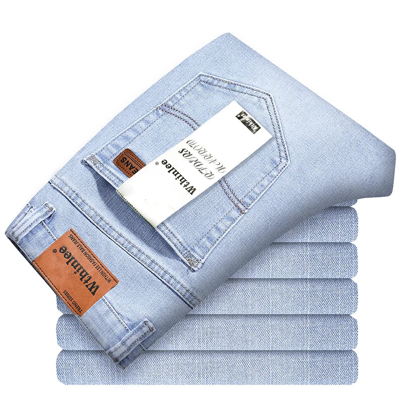 Summer Men's Stretch Classic Style Business Jeans Casual Straight Slim Fit Versatile Men's High Quality Sky Blue Denim Trousers