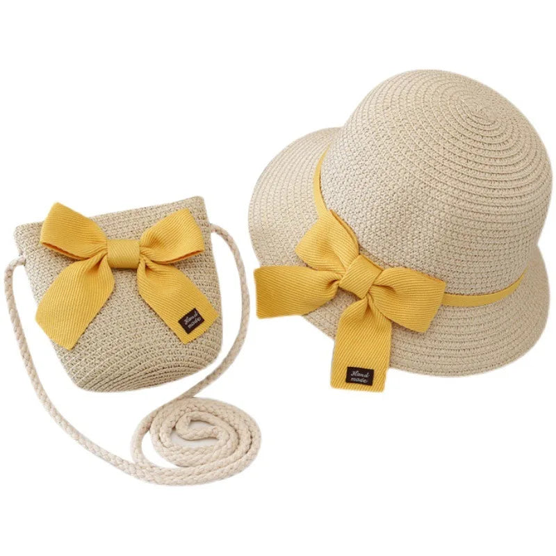 2pcs Set Summer Straw Hat With Bag For