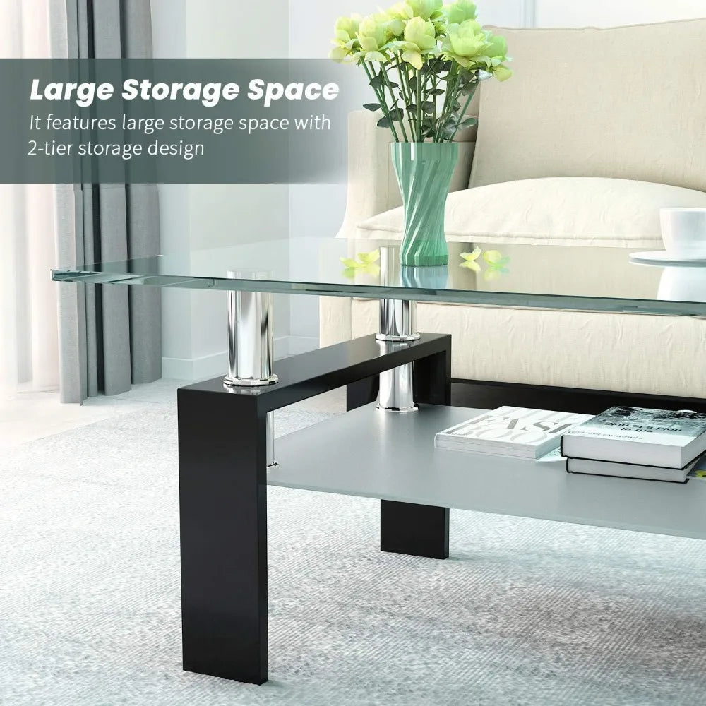 Rectangle Glass Coffee Table-Modern Center Side Coffee Table