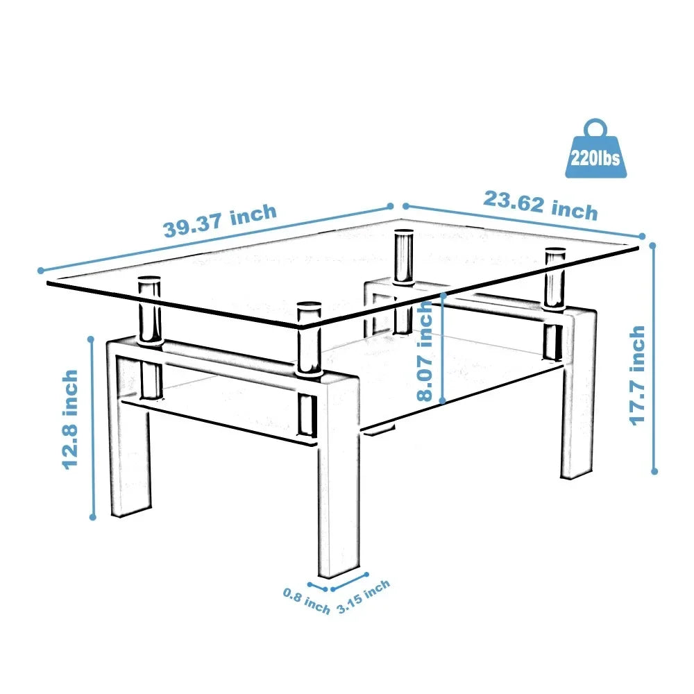 Rectangle Tempered Glass Coffee Table Metal Tube Legs