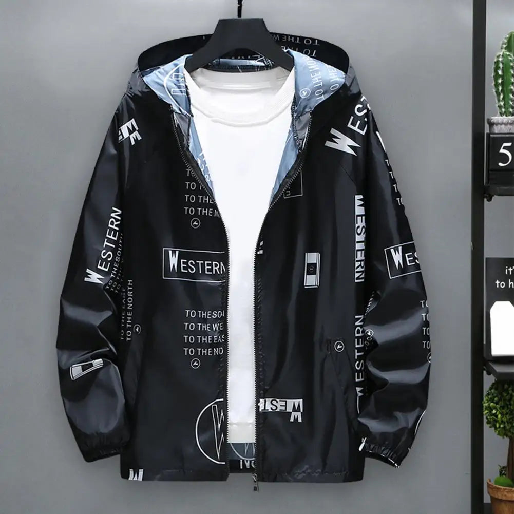Men Windbreakers Hooded Jacket Zipper Closure Anti-UV Breathable