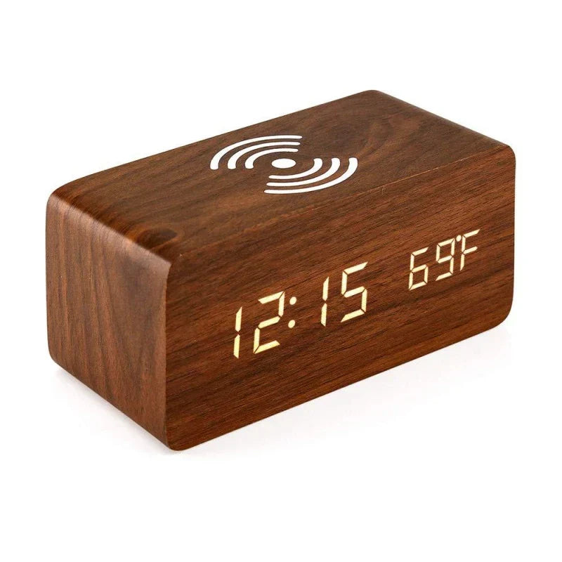 Voice Control Wooden Digital Alarm Clock Wireless Charging