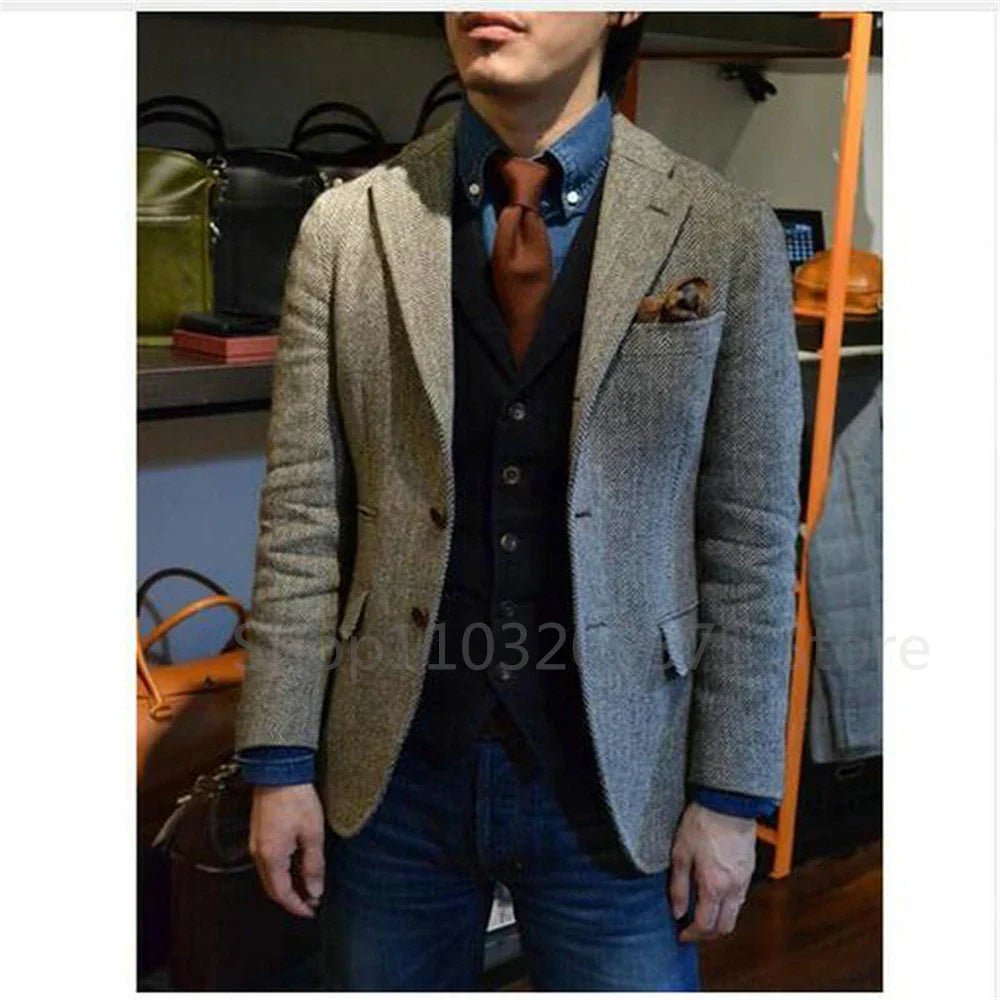 Men's Suit Brown Herringbone Blazer Prom Tuxedos Wool