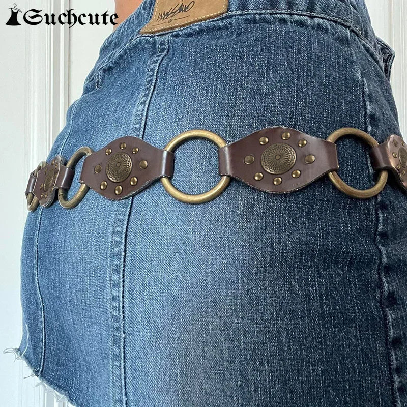 SUCHCUTE Sunflower Buckle Boho Vintage Rivet Brown Belts