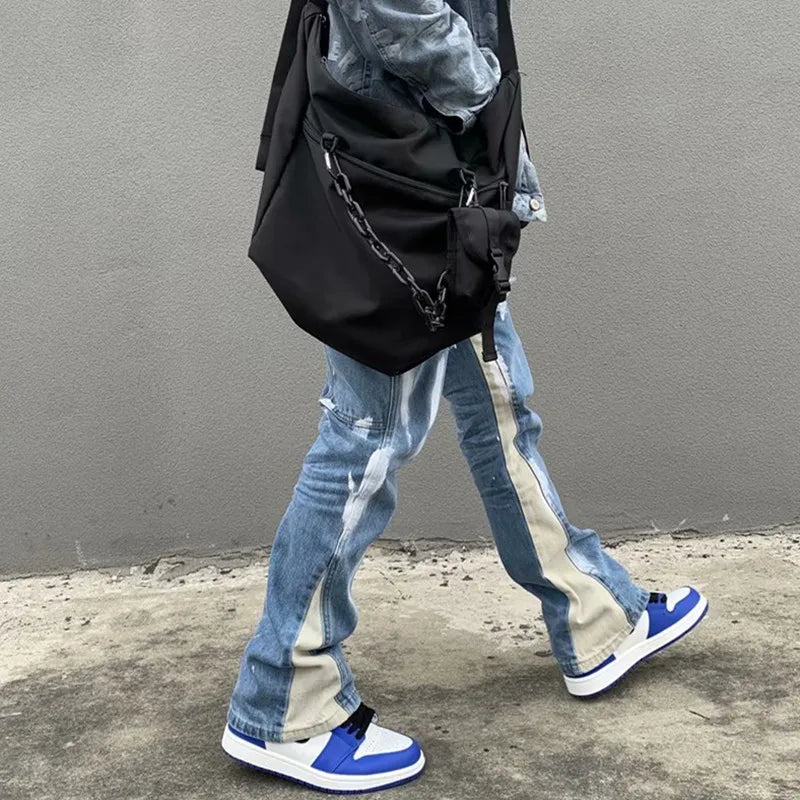 2023 Y2K Patchwork Washed Blue Baggy Flare Jeans
