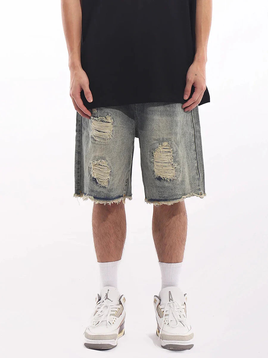 ReddaChic Vintage Wash Destroyed Denim Shorts Men Brushed