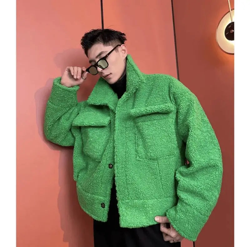 Green Ruffian Jacket for Men Lamb Wool Thickened