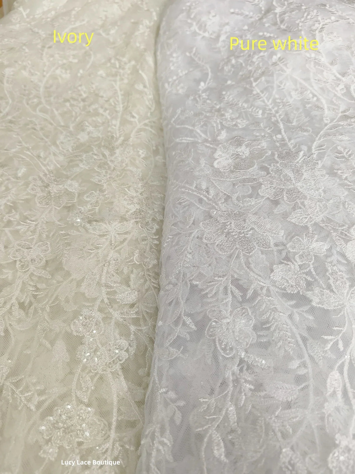Snow White, Ivory Sequined Tulle Lace Fabric for