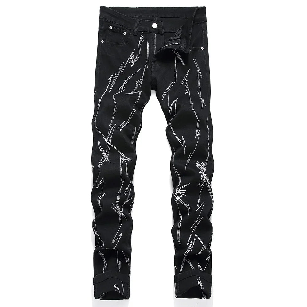Men Embroidery Black Denim Jeans Streetwear Punk Slim