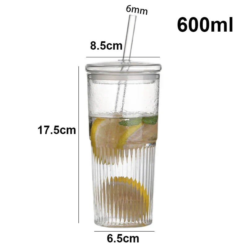 600ml Ins Stripe Glass Cup With Lid and