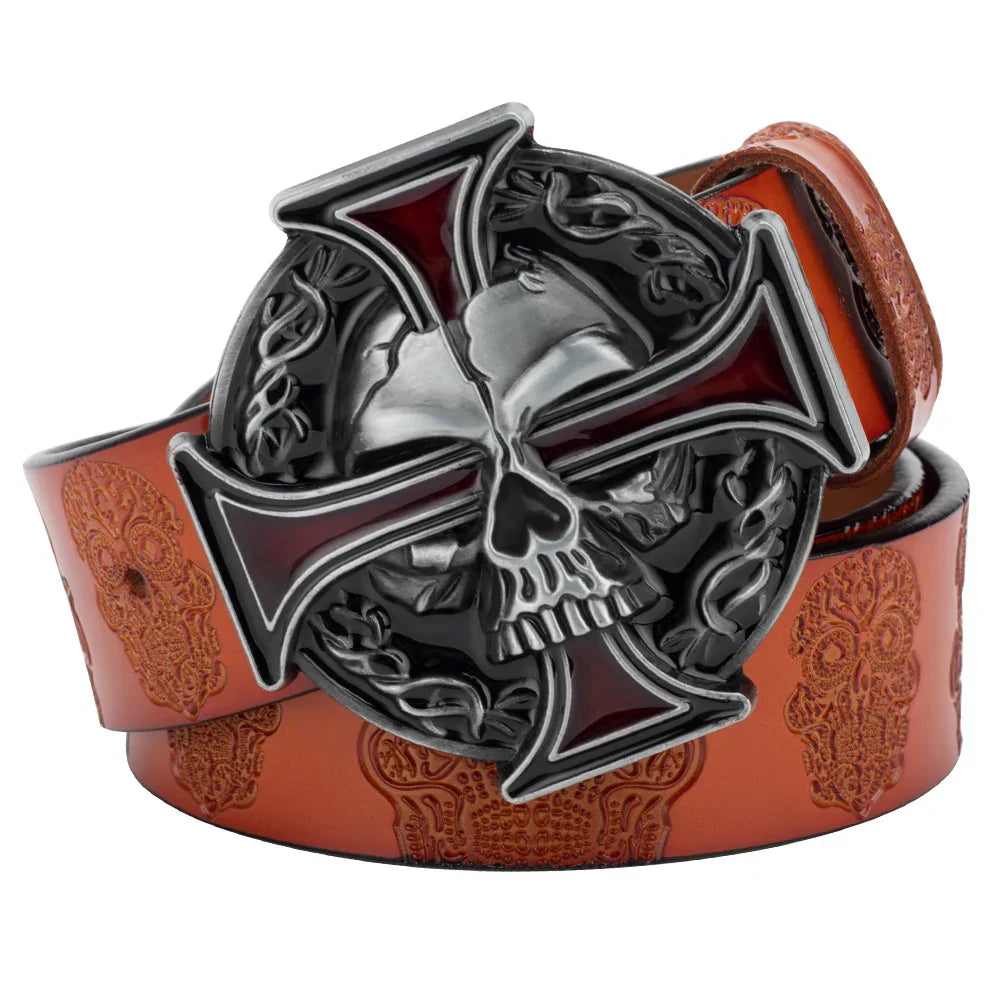 Skull Leather Belt Embossed Pattern Cowskin Fashion Buckle