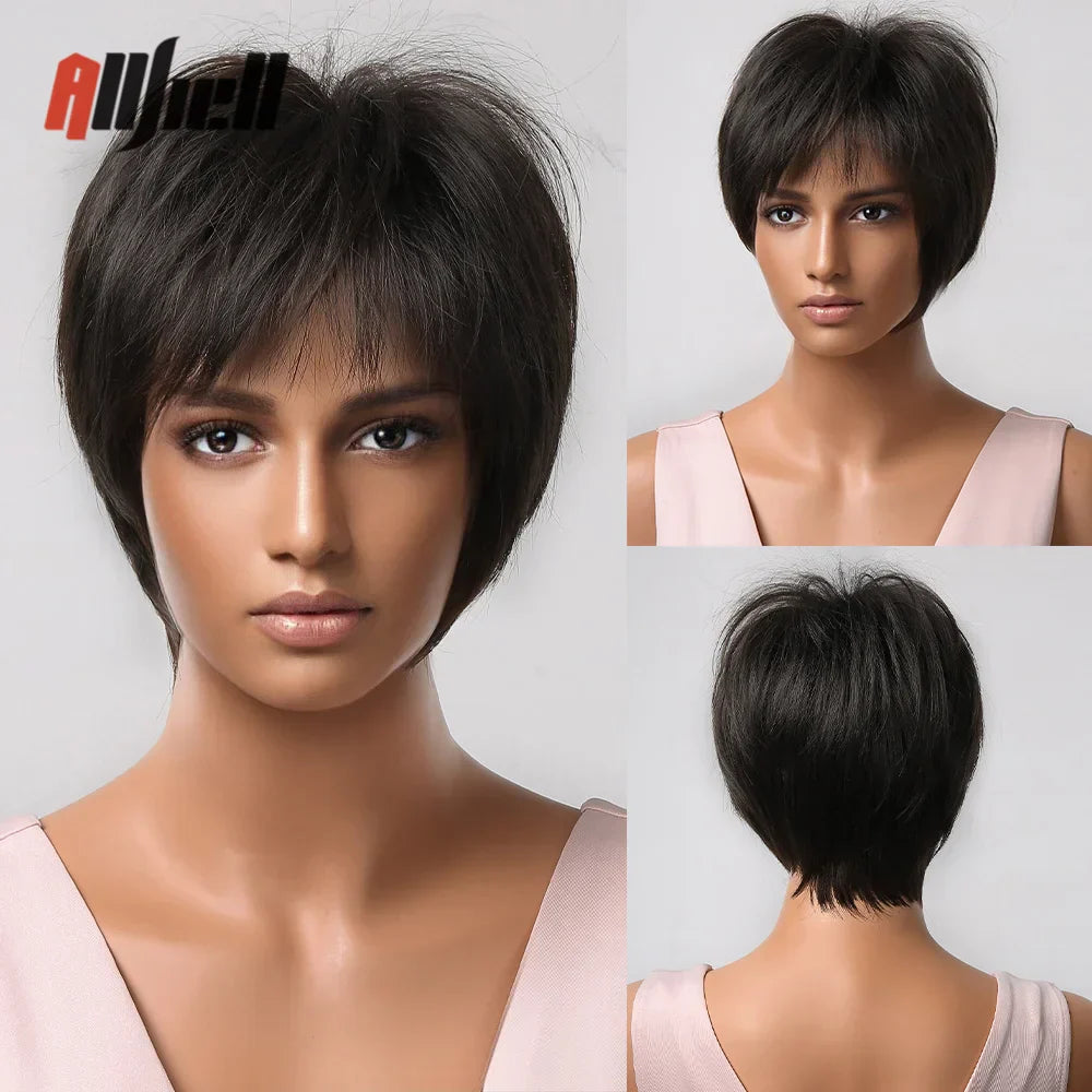 Short Pixie Cut Wig with Highlight Straight Chocolate