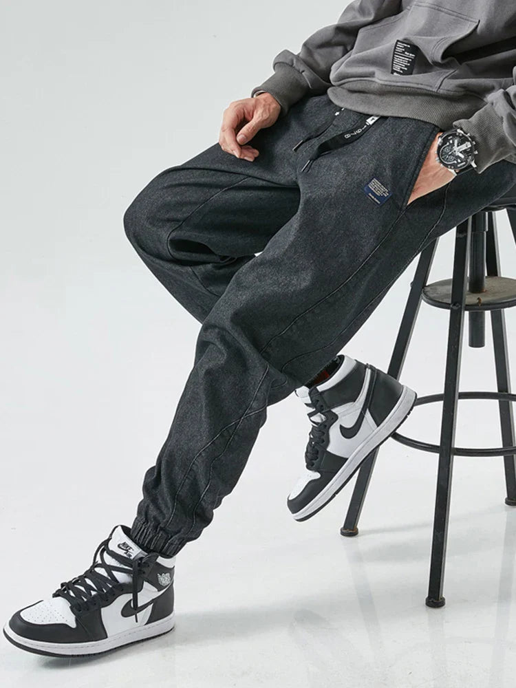 Spring Summer Drawstring Cargo Jeans Men Black Denim
