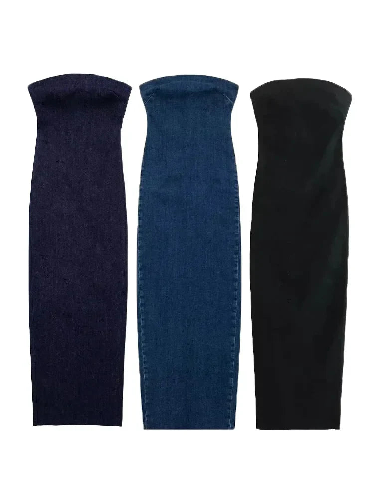 TRAF Off Shoulder Denim Dress Woman Blue Corset