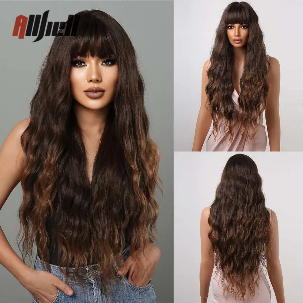 Copper Ginger Brown Wigs with Bangs Natural Synthetic