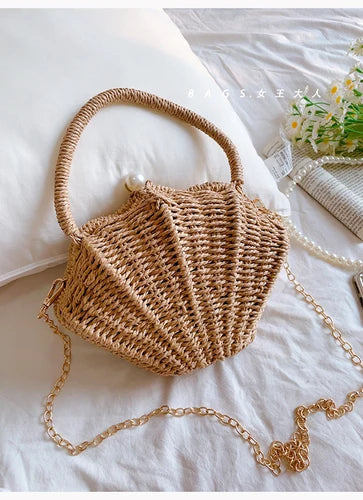 Shell rattan straw woven diagonal cross small bag,