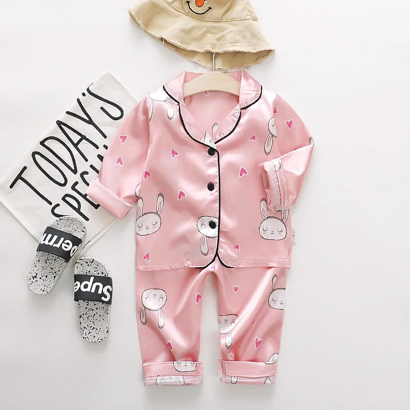 Toddler Girls Silk Satin Pajamas Sets Cartoon Kids