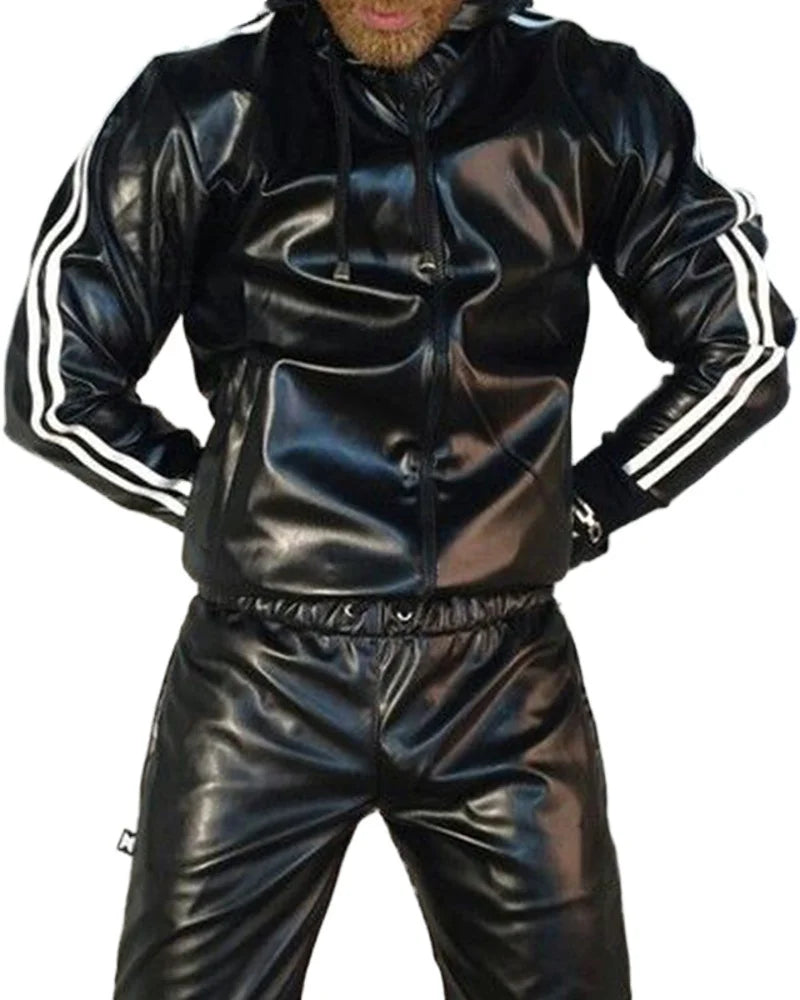 Men's PU Leather Hoodie Suit Casual Sportswear Hooded